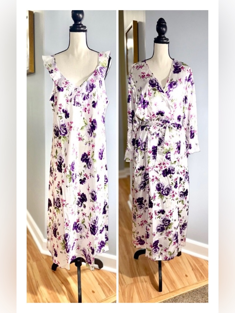 NOS NWT Vintage 90’s/Y2K Morgan Taylor Intimates Purple Roses Gown and Robe Set!